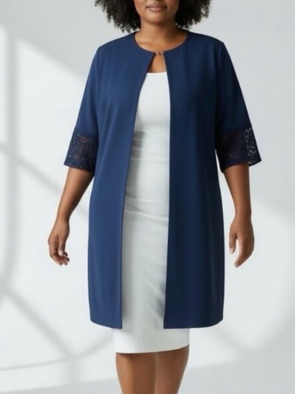 Jessica London Topper Jacket 20W Blue Purple Mid Length Longline 3/4 Lace Sleeve